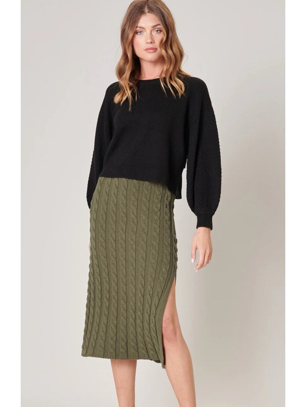 NWT Sugar Lips Fern Cable Knit Stretch Midi Sweater Skirt Olive Green Size Small